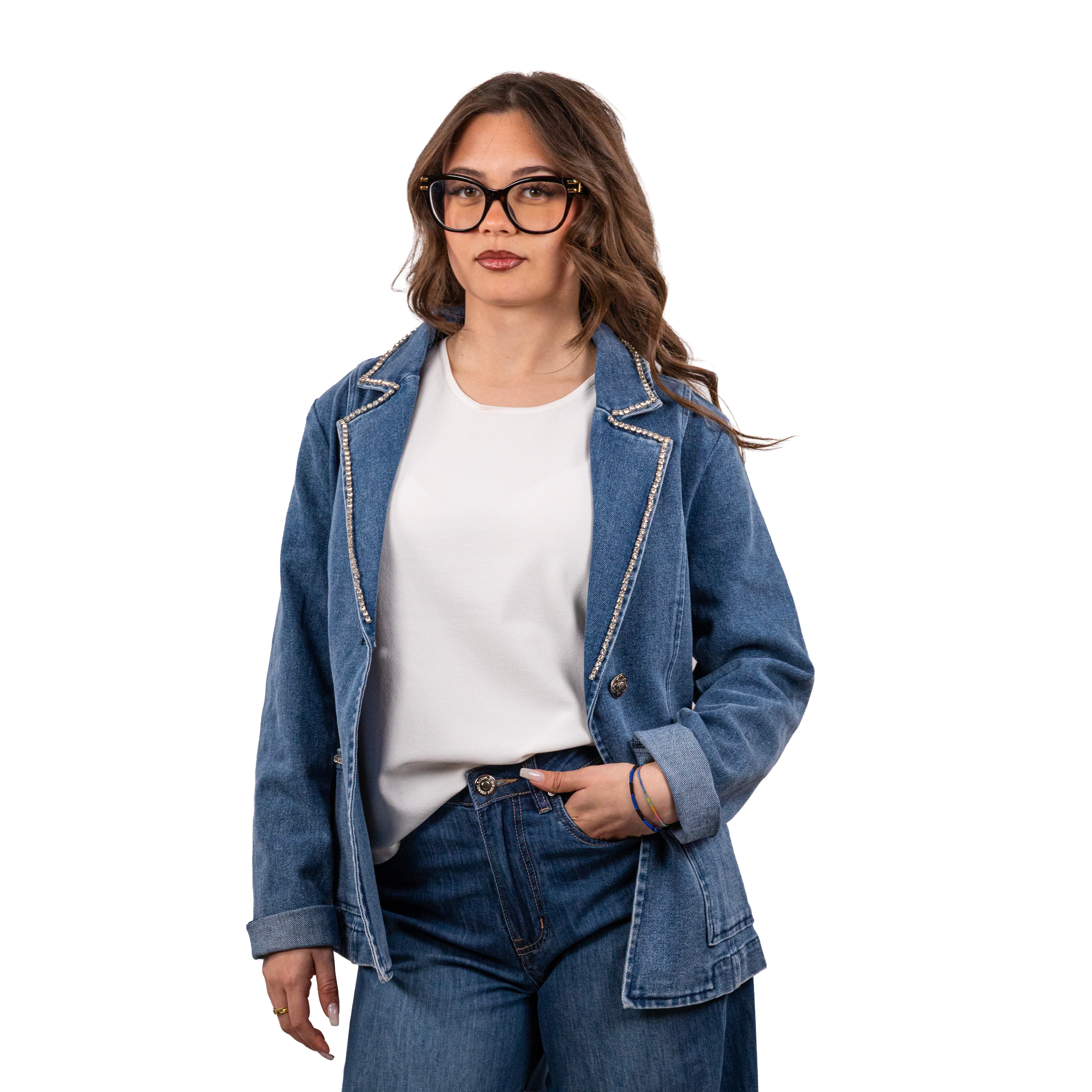 Elisabetta Minelli Giacca in Jeans con Applicazione di Strass