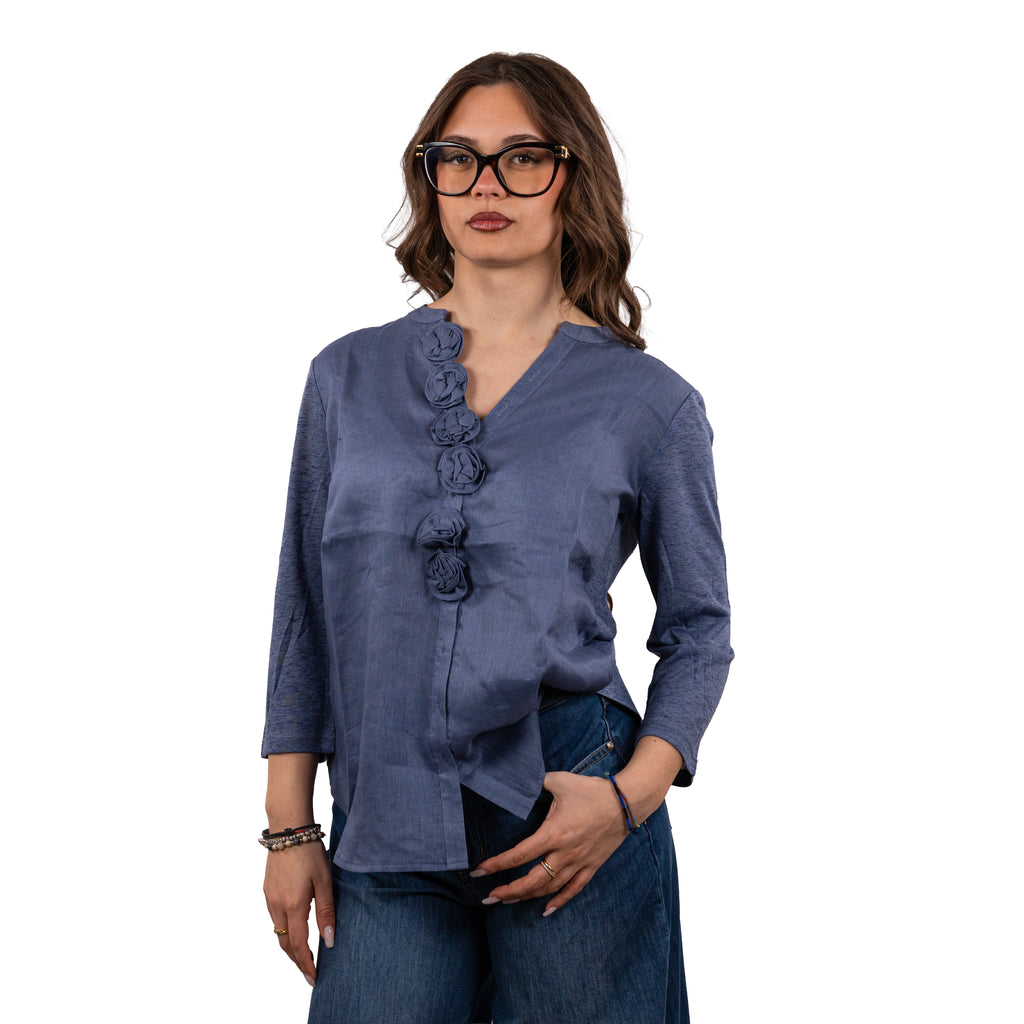 Anis Camicia con Collo a Coreana inserti fiori di lino