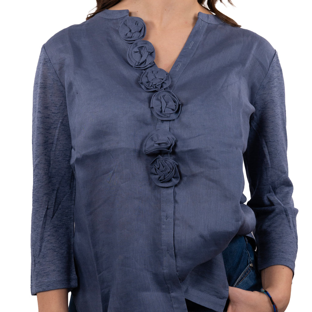 Anis Camicia con Collo a Coreana inserti fiori di lino
