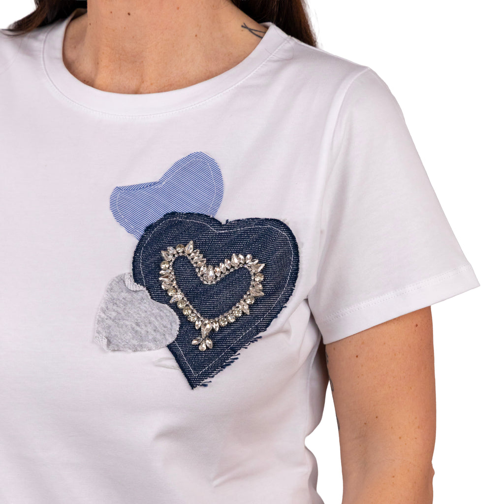 Elisabetta Minelli Maglia a Mezza Manica Bianca con Cuore in Jeans